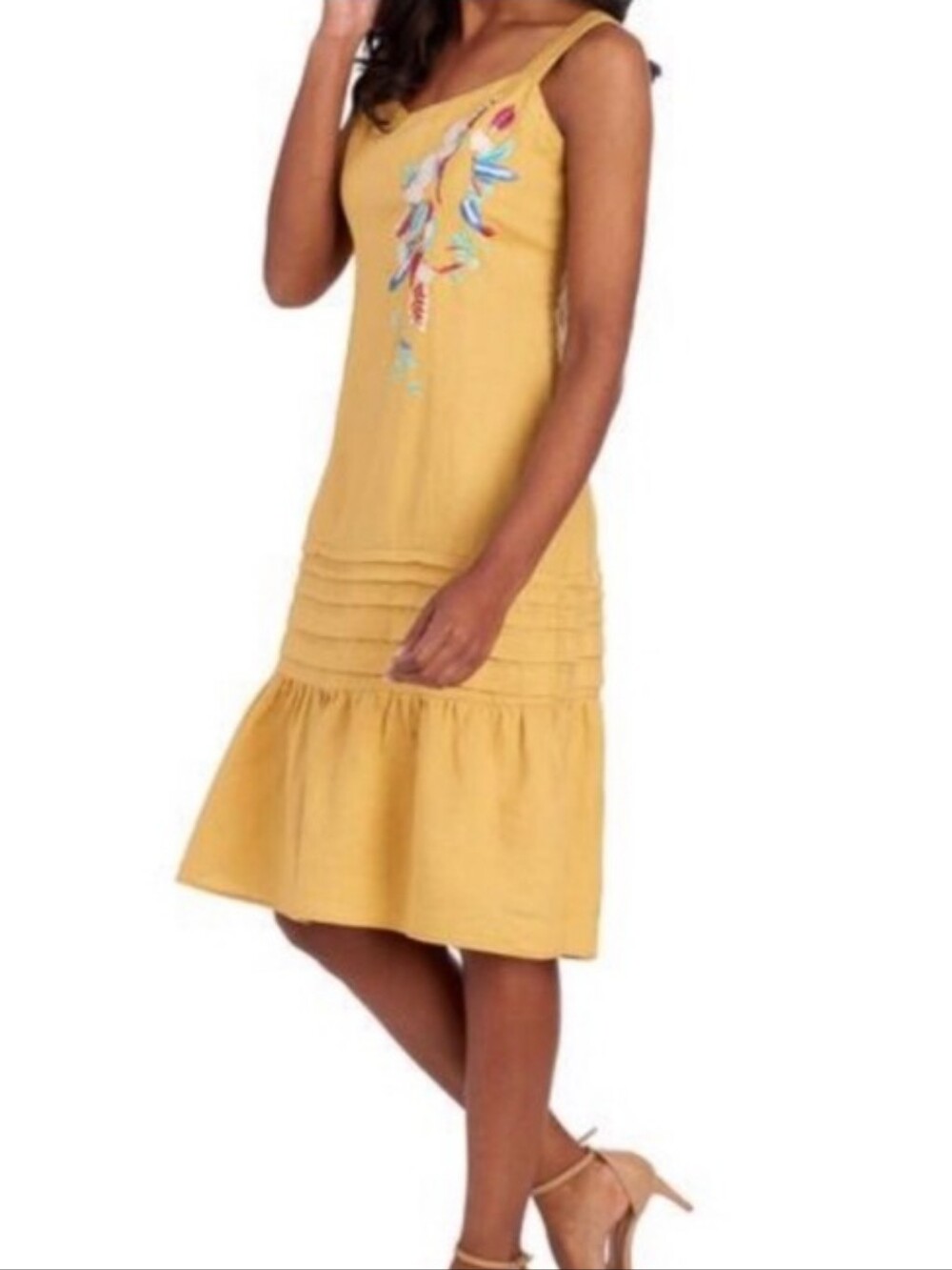For Cynthia Mustard Yellow Linen Blend Embroidered Drop Waist Midi Dress Medium